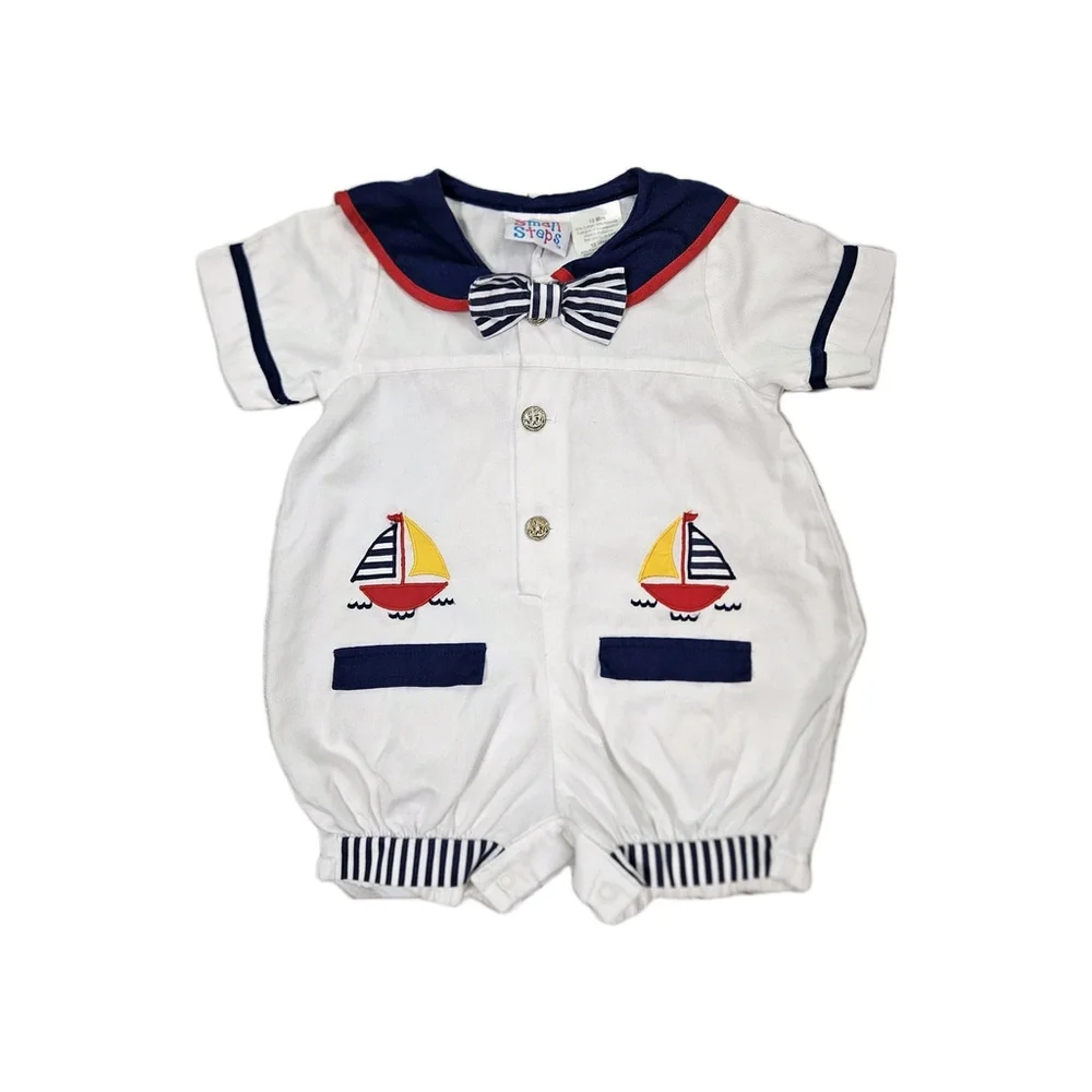Vintage Small Steps Sailor Outfit 12 Months Nautical Sailboat Bow Tie One Piece
